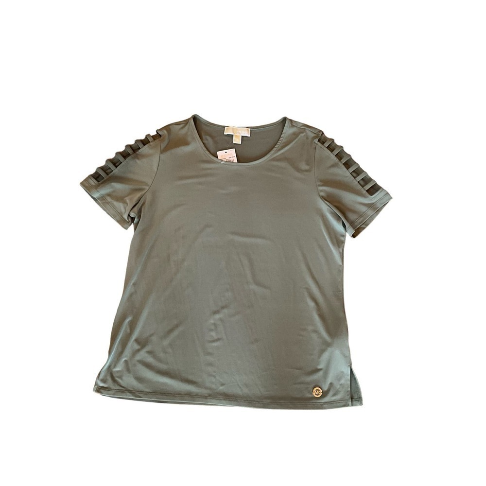 Micheal Kors Top Women SZ L Green Cold Shoulder Crew Neck Short Sleeve Polyester